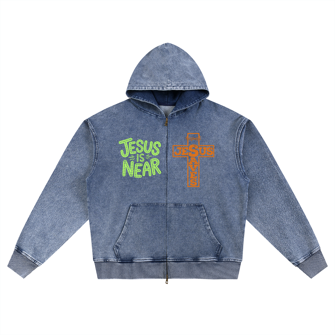 "Jesus is Near" Snow Wash Oversized Zip-Up Hoodie