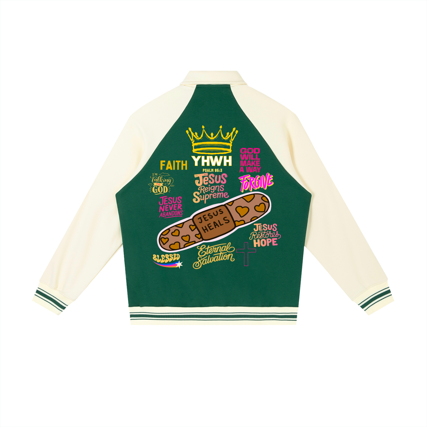 "Faith, Hope, Love" Contrast Raglan Sleeve Baseball Jacket