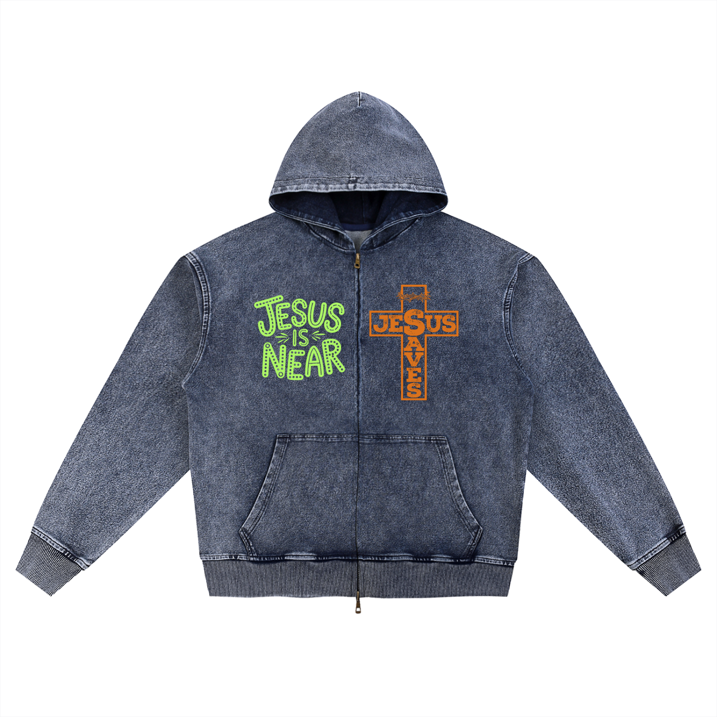 "Jesus is Near" Snow Wash Oversized Zip-Up Hoodie