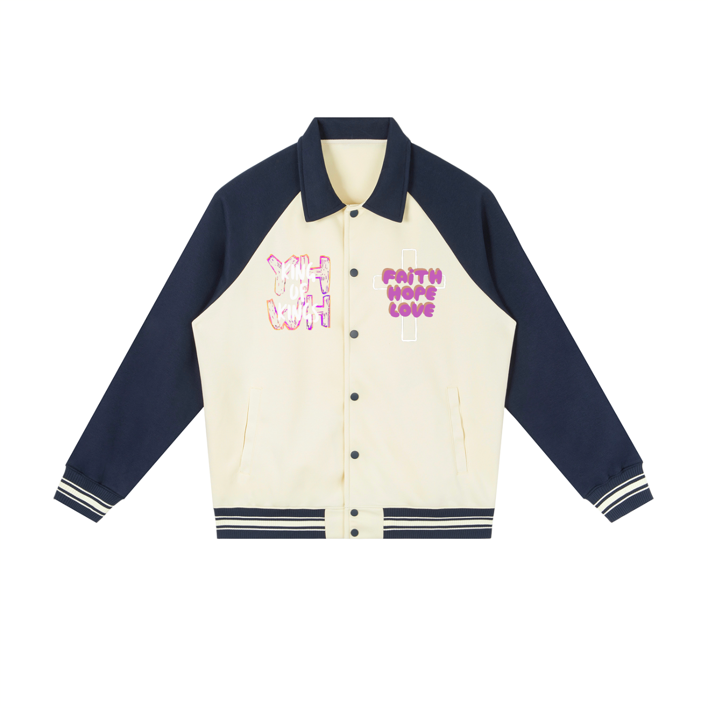 "Faith, Hope, Love" Contrast Raglan Sleeve Baseball Jacket