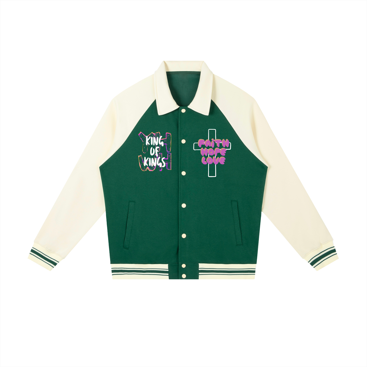 "Faith, Hope, Love" Contrast Raglan Sleeve Baseball Jacket