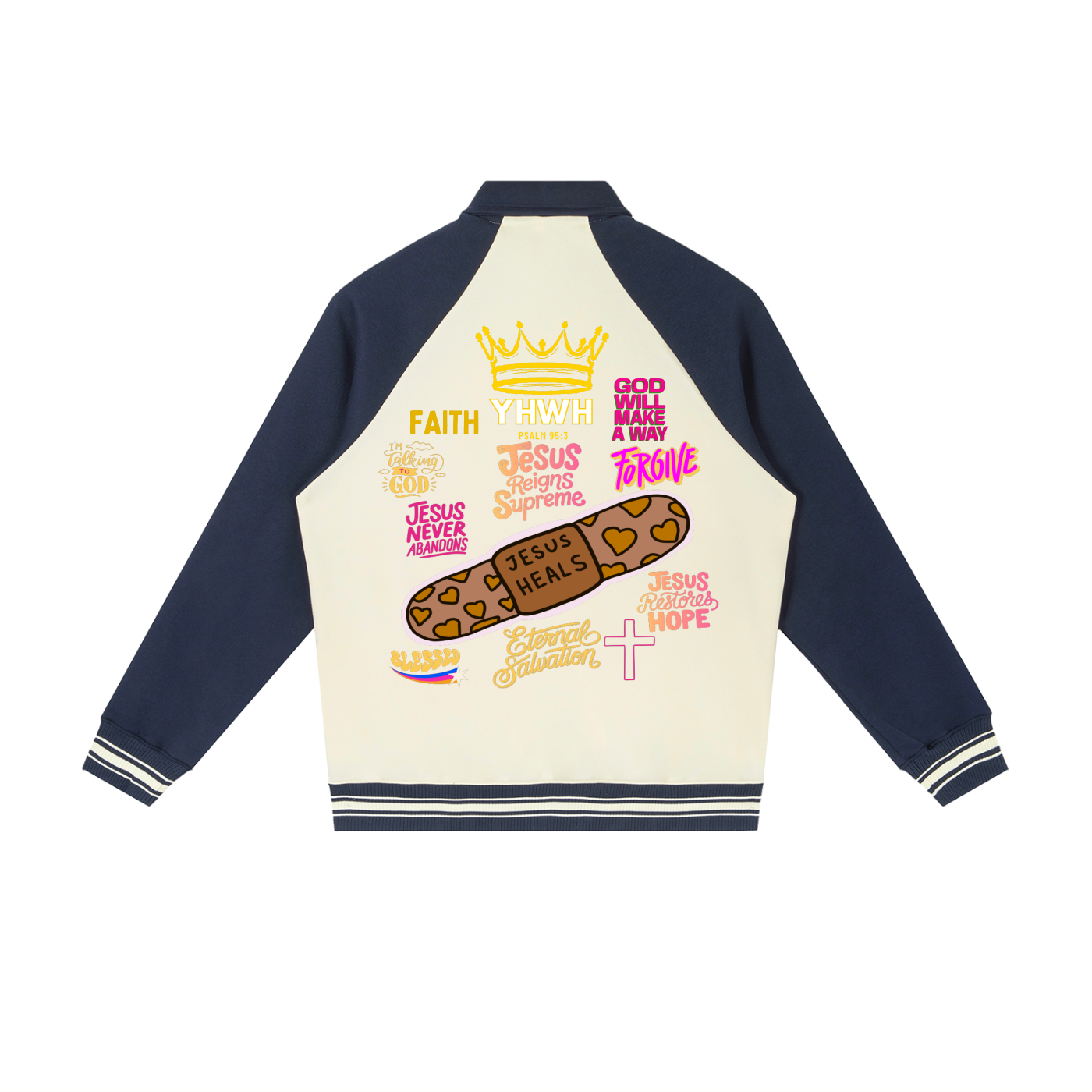 "Faith, Hope, Love" Contrast Raglan Sleeve Baseball Jacket