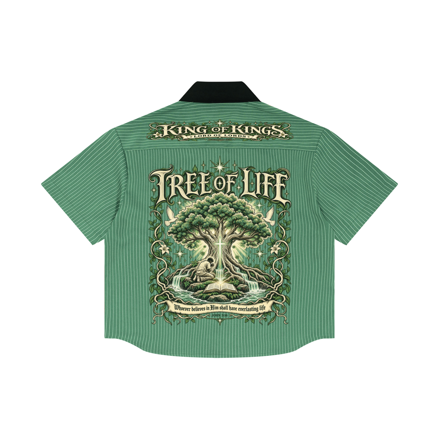 Tree of Life/Jesus/KofK Unisex Striped Boxy Contrast Collar Shirt