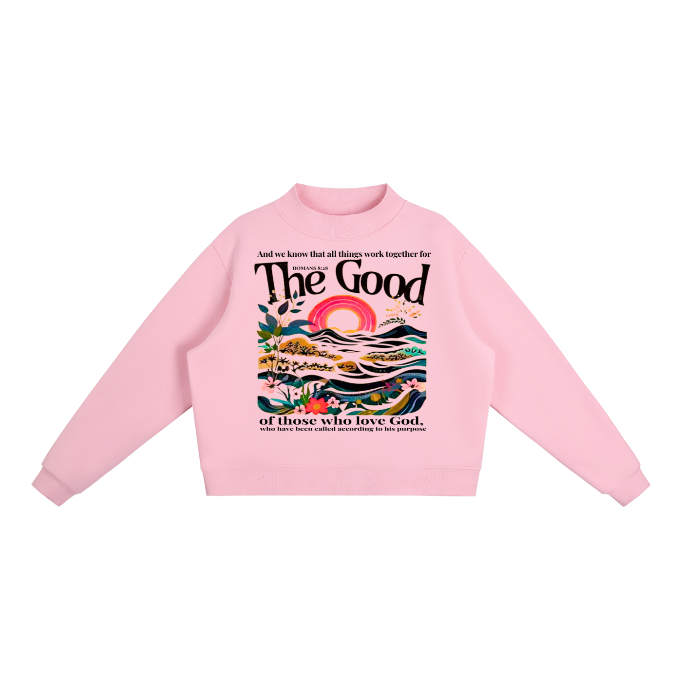 "Romans 8:28" Essential Fleece Mock-Neck Crew Sweatshirt