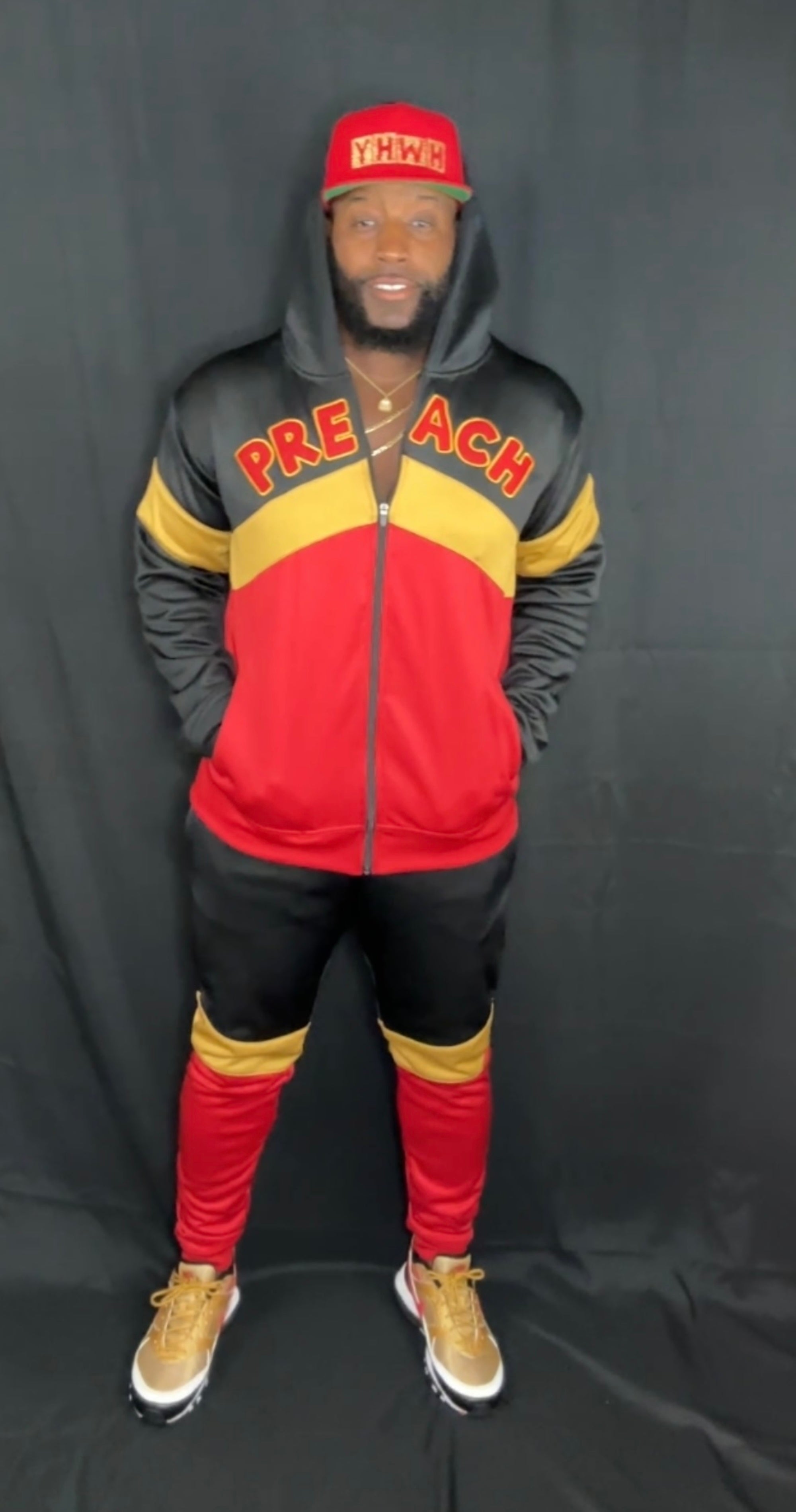 Preach Tracksuit Black/Red/Gold 100% Poly Tricot