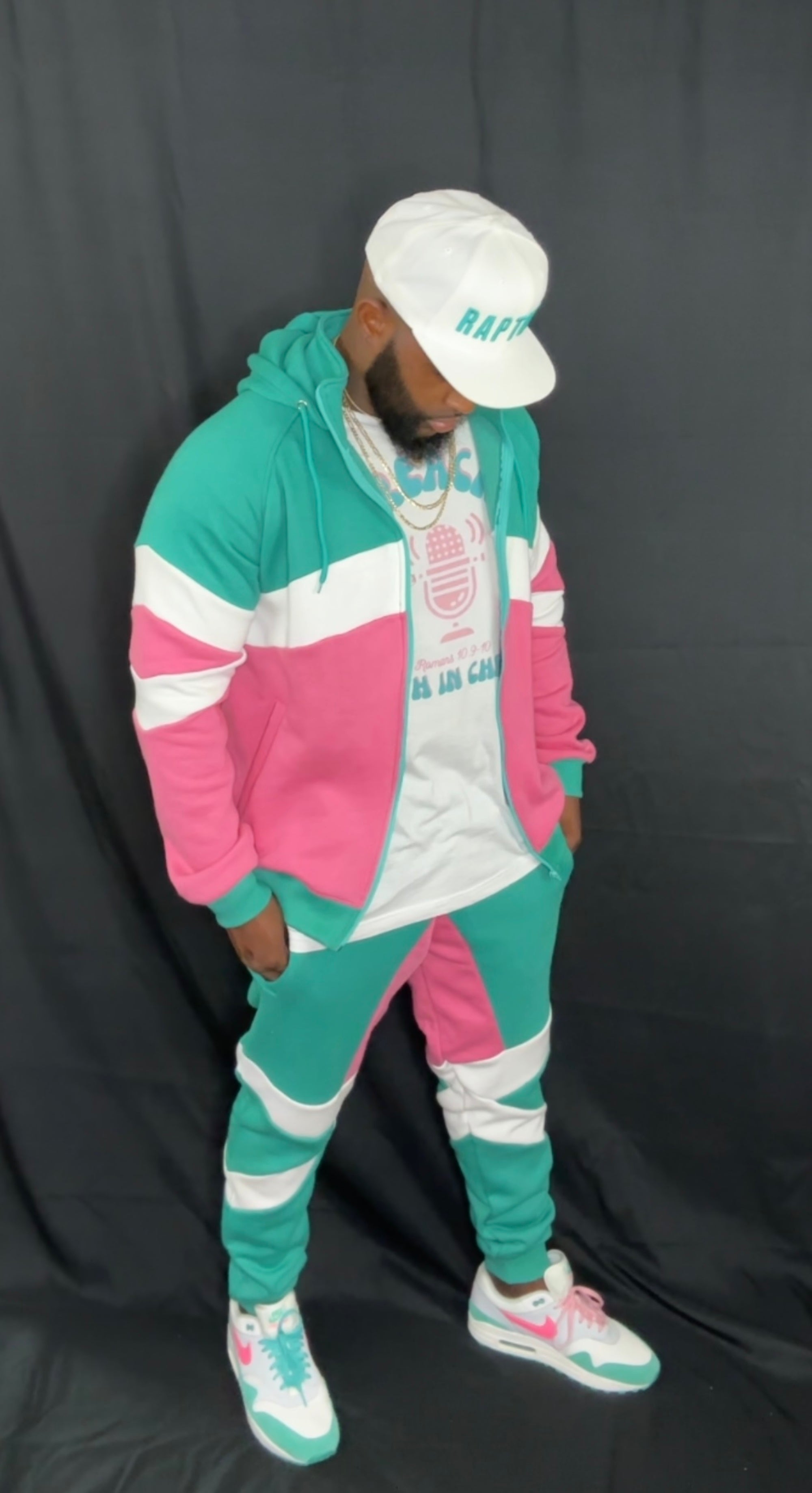 Preach Tracksuit Teal/White/Pink 100% Cotton Fleece
