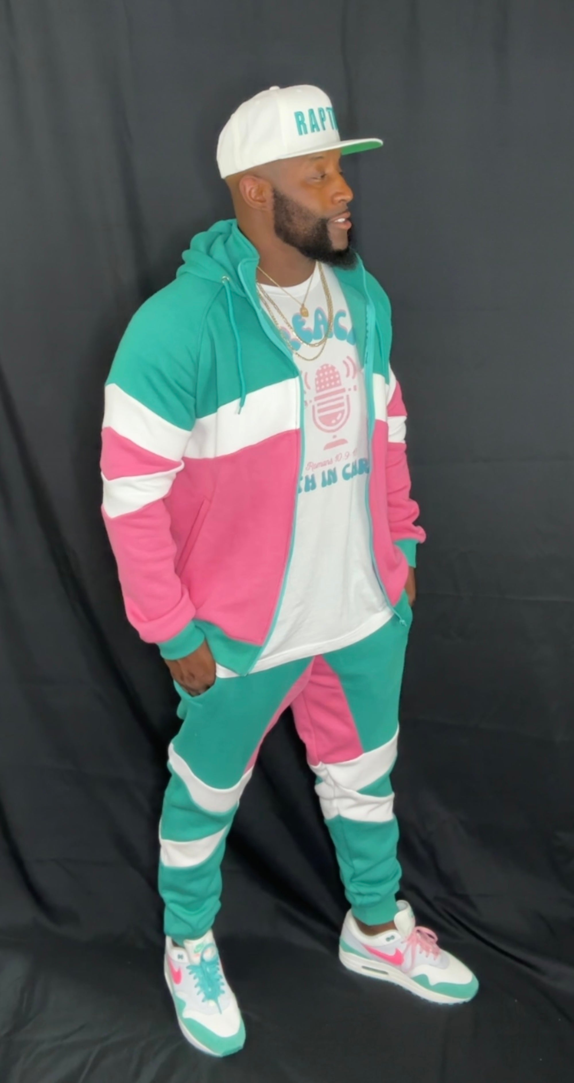 Preach Tracksuit Teal/White/Pink 100% Cotton Fleece